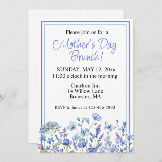 Mooie Blauwe Aquarel Bloem Moederdag Brunch Kaart (Voorkant / Achterkant)