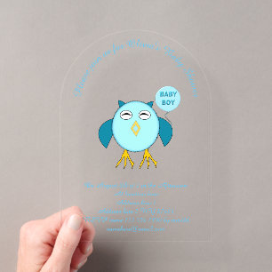 Mooie Blauwe Baby Jongen Uil Aangepaste Baby Showe Acryl Uitnodigingen