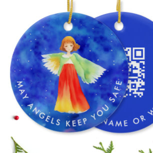 Mooie Blauwe Beschermengel Website QR Code Scanbaa Keramisch Ornament
