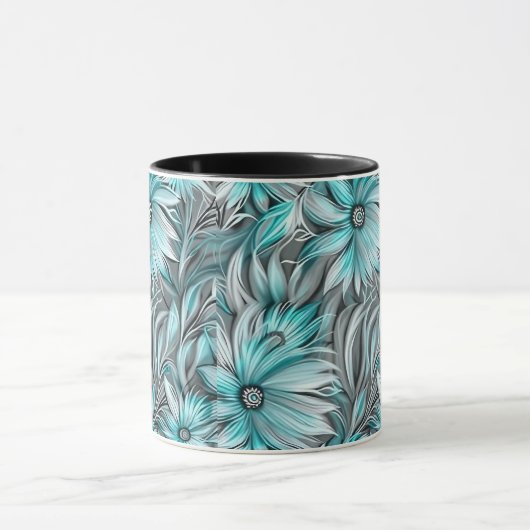 Mooie Blauwe Blauwgroen Bloemenprint Mok (Midden)