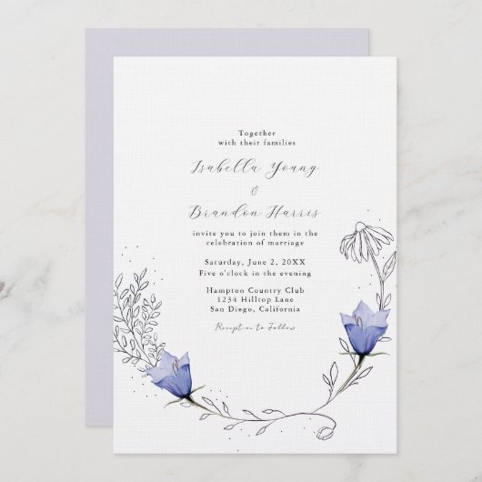 Mooie blauwe bloem bruiloft kaart (Voorkant / Achterkant)