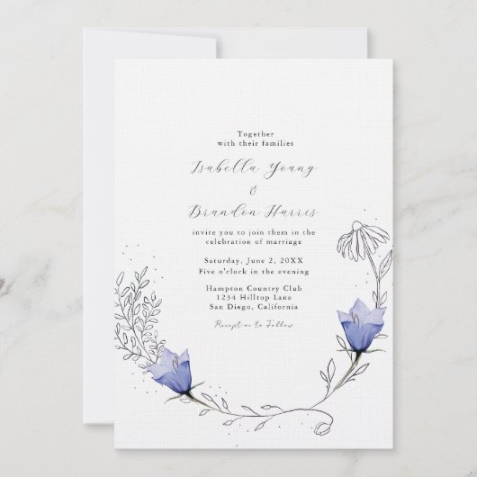 Mooie blauwe bloem bruiloft kaart (Voorkant)