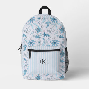 Mooie Blauwe Bloem en Blauwe Gestreepte Monogram Bedrukte Rugzak