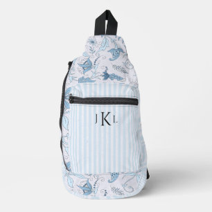 Mooie Blauwe Bloem en Blauwe Gestreepte Monogram Sling Bag