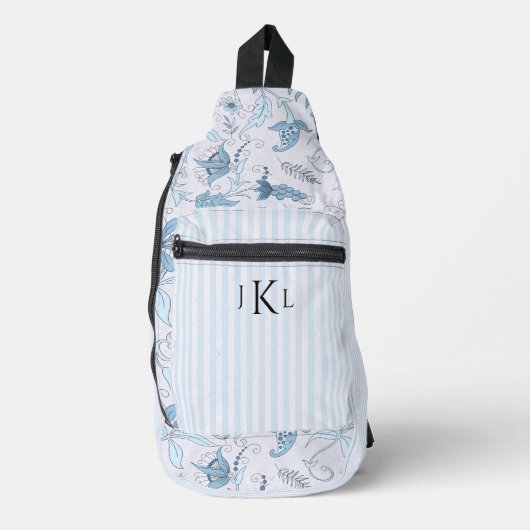 Mooie Blauwe Bloem en Blauwe Gestreepte Monogram Sling Bag (Voorkant)