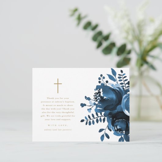 Mooie Blauwe Bloem Kruis Doop Dank Je Briefkaart (Staand voorkant)