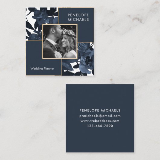 Mooie blauwe bloem met foto vierkante visitekaartje (Voorkant / Achterkant)