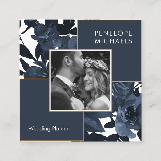 Mooie blauwe bloem met foto vierkante visitekaartje (Voorkant)