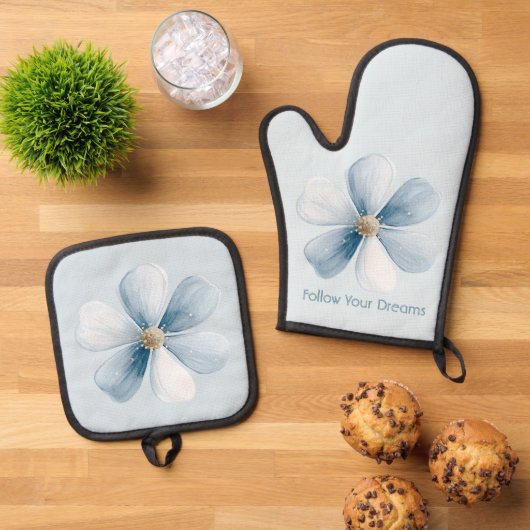 Mooie Blauwe Bloem Ovenwant & Pannenlap Set (Top down)