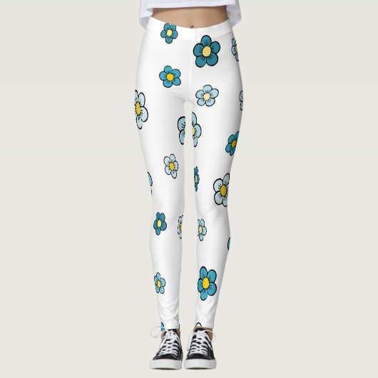 Mooie Blauwe Bloem Wit Leggings (Voorkant)