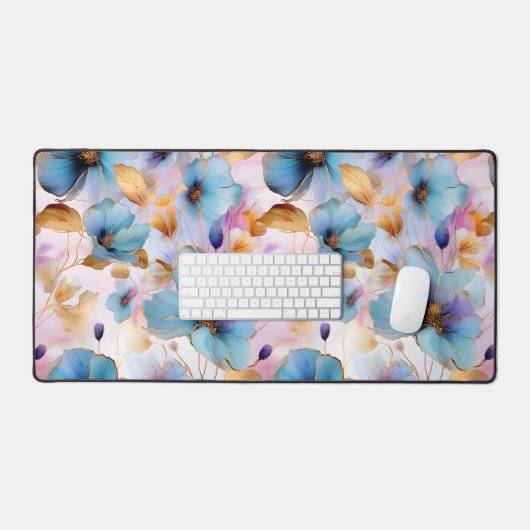 Mooie Blauwe Bloemen Alcohol Inkt in Zachte Pastel Bureaumat (Keyboard & Muis)