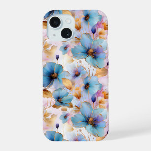 Mooie Blauwe Bloemen Alcohol Inkt in Zachte Pastel iPhone 15 Case