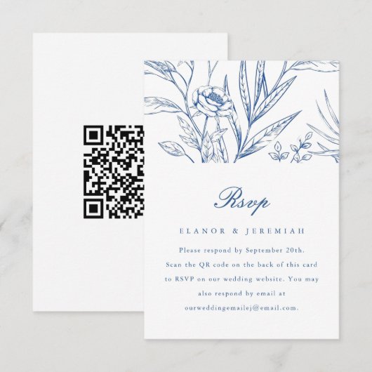 Mooie Blauwe Bloemen Bruiloft RSVP met QR Code Kaartje (Voorkant / Achterkant)