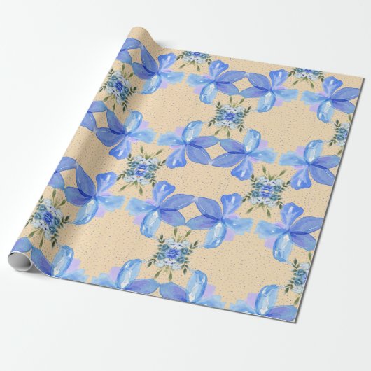 Mooie blauwe bloemen cadeaupapier (Uitgerold)