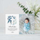 Mooie blauwe bloemen doop foto dank u kaart (Staand voorkant)