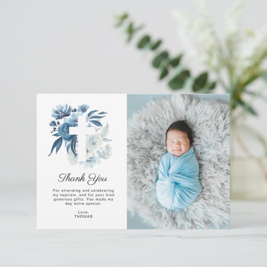 Mooie blauwe bloemen doop foto dank u kaart (Staand voorkant)