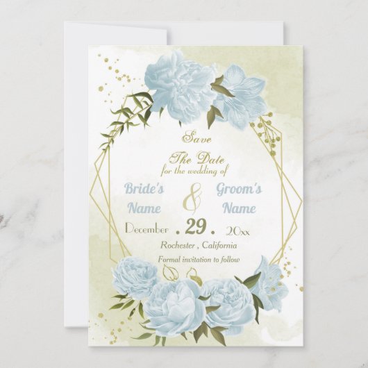 mooie blauwe bloemen groene bladeren geometrisch save the date (Voorkant)