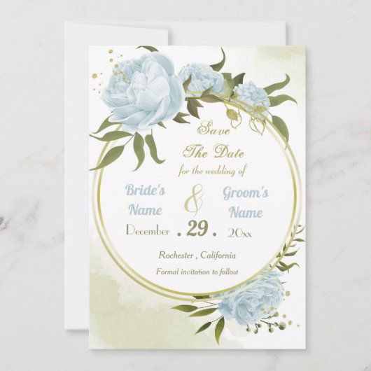 mooie blauwe bloemen groene bladeren met een deuk save the date (Voorkant)