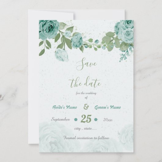 mooie blauwe bloemen groene botanische bloemen save the date (Voorkant)