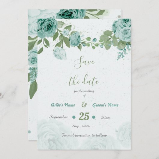 mooie blauwe bloemen groene botanische bloemen save the date (Voorkant / Achterkant)