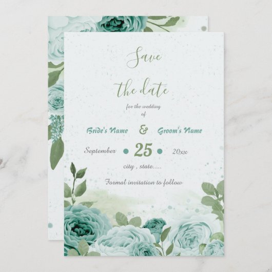 mooie blauwe bloemen groene botanische bloemen save the date (Voorkant / Achterkant)