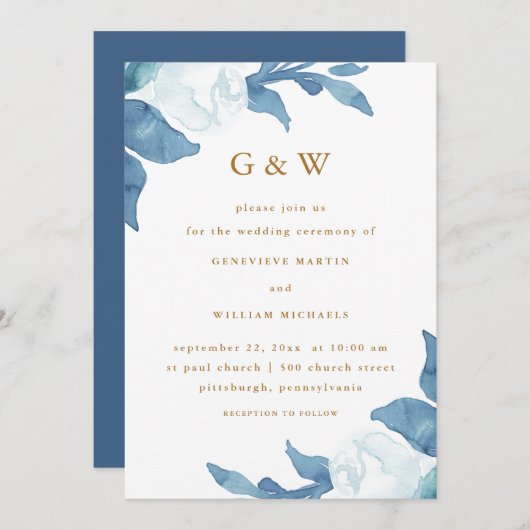 Mooie Blauwe Bloemen met Gouden Kleur Monogrammen Kaart (Voorkant / Achterkant)