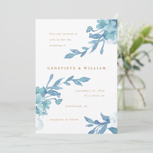 Mooie Blauwe Bloemen met Gouden Kleur Tekst Kaart (Staand voorkant)