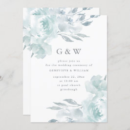 Mooie Blauwe Bloemen op Witte Monogram Bruiloft Kaart