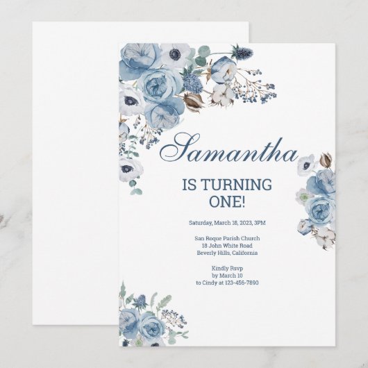 Mooie blauwe bloemen verjaardag kaart (Voorkant / Achterkant)