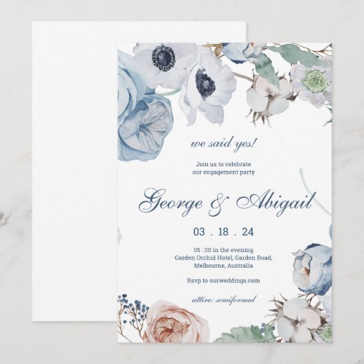 Mooie Blauwe Bloemen Verloving Uitnodiging (Voorkant / Achterkant)