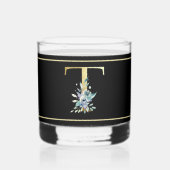 Mooie Blauwe Bloemen Versierde Gouden Monogram T Whisky Glas (Voorkant)