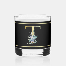 Mooie Blauwe Bloemen Versierde Gouden Monogram T Whisky Glas