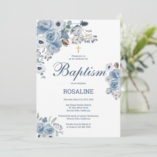 Mooie blauwe bloemendoop kaart (Staand voorkant)