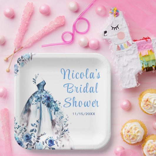 Mooie Blauwe Bloemige Bruidsjurk Bruidsuitnodiging Papieren Bordje (Feest)