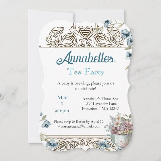 Mooie Blauwe Bloemige Theepartij Baby Shower Kaart (Voorkant)