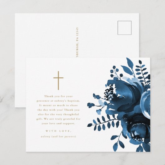 Mooie Blauwe Bloemstuk Kruis Doop Dank Je Briefkaart (Voorkant / Achterkant)