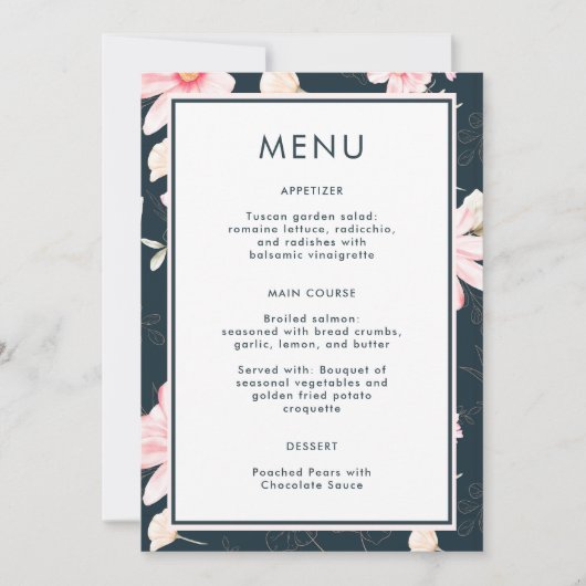 Mooie Blauwe Blush Bloemen Bruiloft Menu (Voorkant)