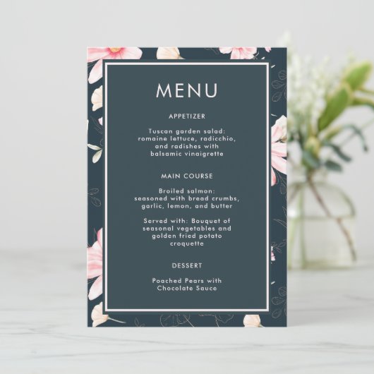 Mooie Blauwe Blush Bloemen Bruiloft Menu (Staand voorkant)