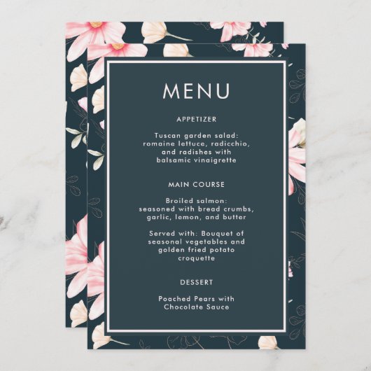 Mooie Blauwe Blush Bloemen Bruiloft Menu (Voorkant / Achterkant)