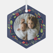 Mooie blauwe botanische foto, aangepast kerstfeest glas ornament (Voorkant)