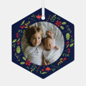 Mooie blauwe botanische foto, aangepast kerstfeest glas ornament (Achterkant)