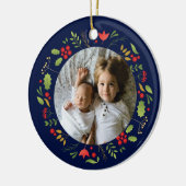 Mooie blauwe botanische foto, aangepast kerstfeest keramisch ornament (Links)