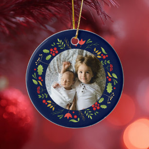 Mooie blauwe botanische foto, aangepast kerstfeest keramisch ornament