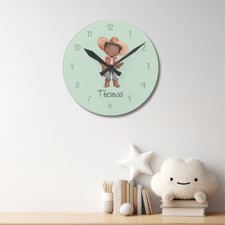 Mooie blauwe cowboy muurklok voor jongens ronde klok