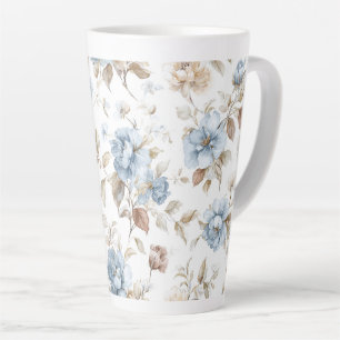 Mooie Blauwe Crème Tane Bruine Bloemen Latte Mok