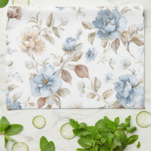 Mooie Blauwe Crème Tane Bruine Bloemen Theedoek