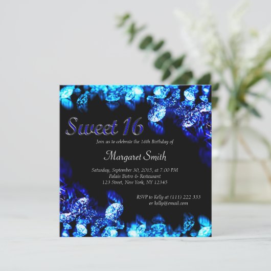 Mooie Blauwe Diamant Sweet 16 Uitnodigen Kaart (Staand voorkant)