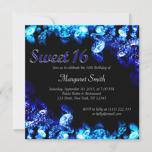 Mooie Blauwe Diamant Sweet 16 Uitnodigen Kaart (Voorkant)