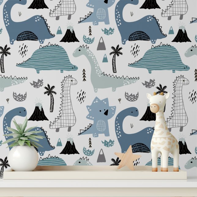 Mooie Blauwe Dinosaurius Nursery Stick en Scheid Behang (Creator heeft geüpload)