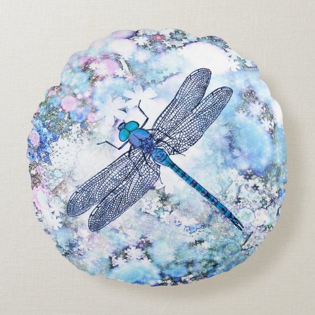 Mooie blauwe dragonfly rond kussen (Voorkant)